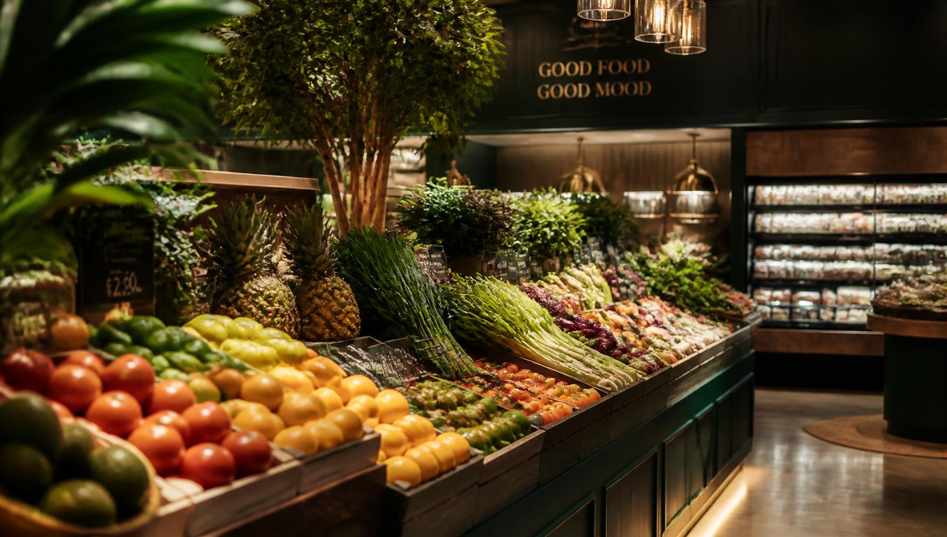 Fresh produce display inside Hana Market in Brooklyn